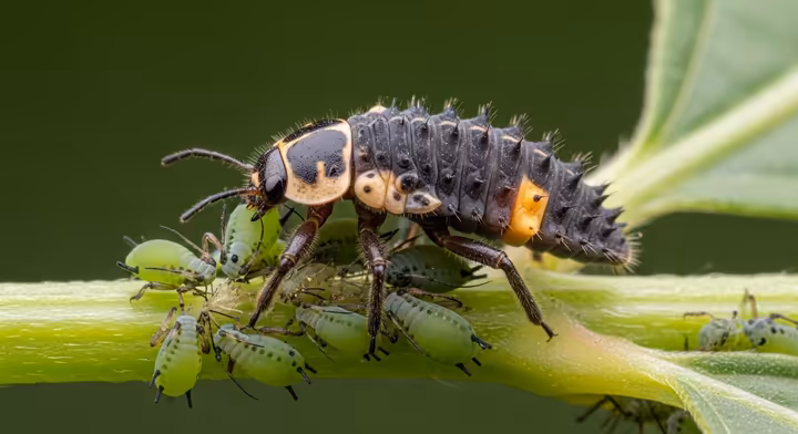 A close-up of a ladybug larva, which looks like a tiny alligator, consuming aphids on a plant stem.