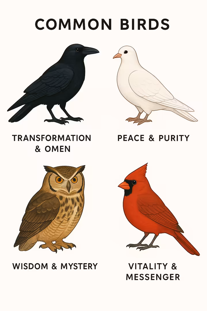 A visual guide showing different birds like a crow, dove, owl, and cardinal, labeled with their common symbolic meanings.