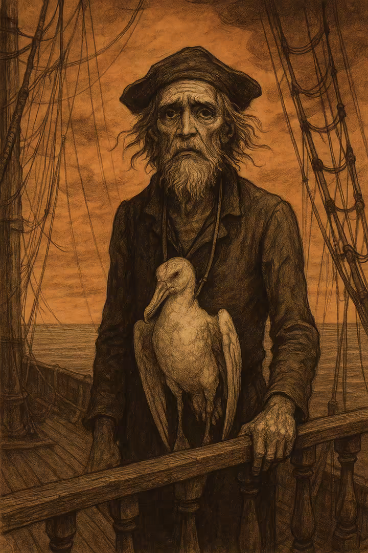 A sailor on an old wooden ship with a dead albatross hanging from his neck, looking guilty.