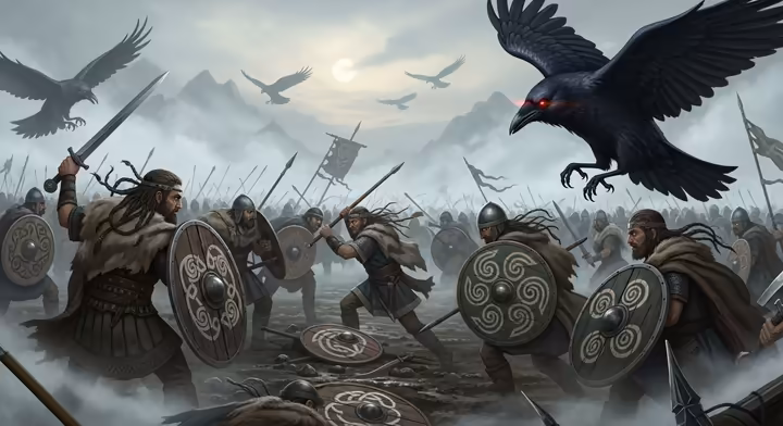 Two dark ravens flying over a misty, ancient Celtic battlefield.