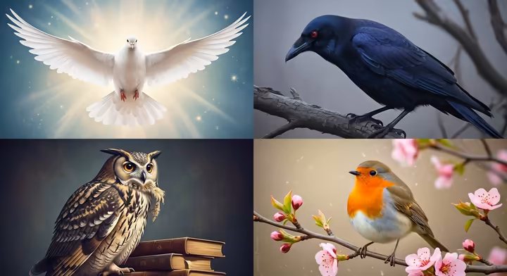 A composite image showing a dove, a crow, an owl, and a robin, each representing different omens.