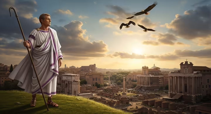 A Roman augur in a white toga stands on a hill, observing the flight of eagles against a cloudy sky.