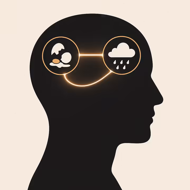 An abstract illustration of a human brain connecting random events, like a dropped egg and a raincloud, with a glowing line, representing confirmation bias.