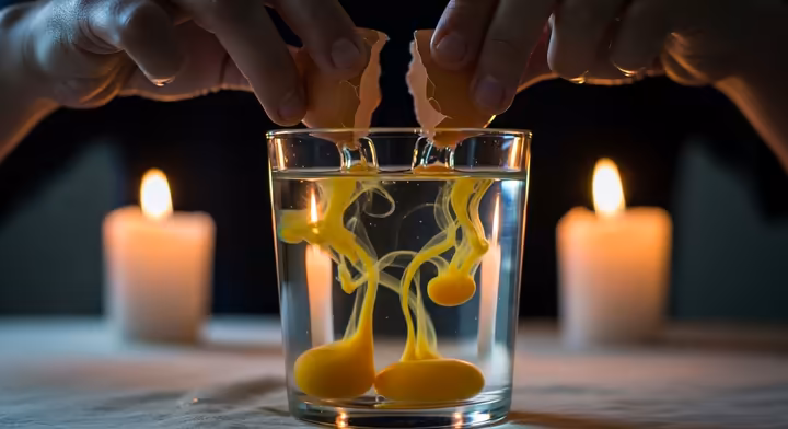 A spiritual cleansing ritual (limpia con huevos) where an egg is being cracked into a glass of water to be read for negative energy.