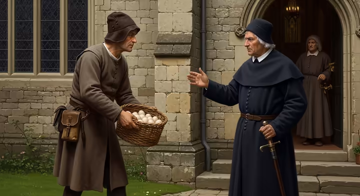 A medieval English farmer presenting a basket of eggs to a church official as a form of tithe payment.