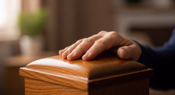 A person's hand gently touching a pet urn on a shelf, showing a moment of quiet reflection.