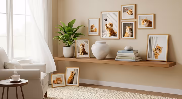 A pet's urn placed in a well-lit corner of a room, balanced with a healthy green plant and happy photos.