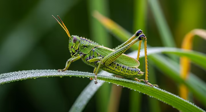 A grasshopper in mid-air, having just taken a powerful leap from a blade of grass.