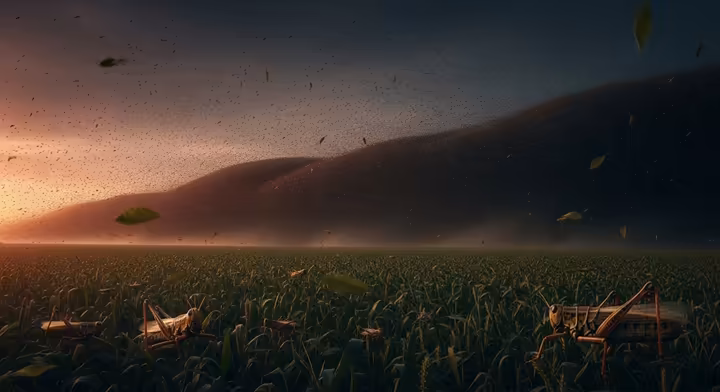 A dark, dense swarm of locusts flying over a field, representing the biblical plague.