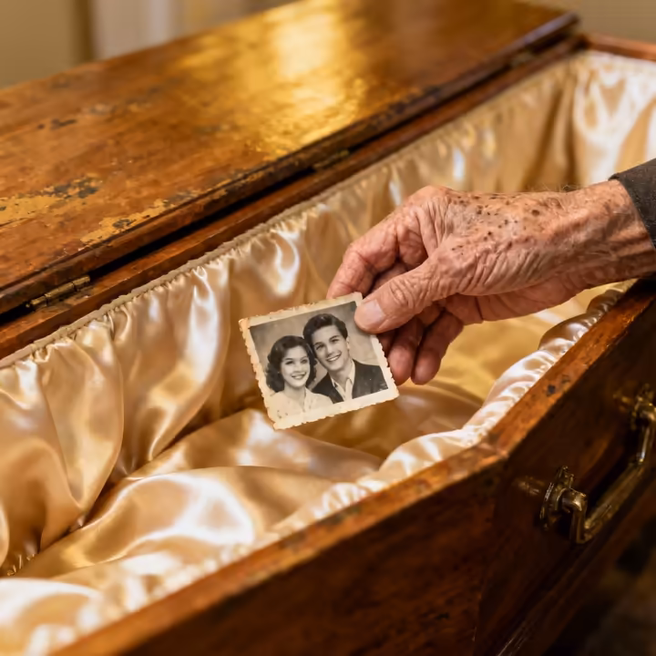 A hand gently placing a black and white photograph of a smiling couple into a simple wooden coffin.