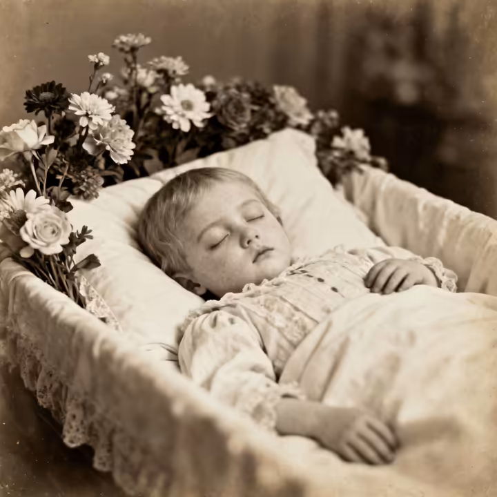 A staged Victorian post-mortem photograph (memento mori) of a child who appears to be sleeping peacefully.