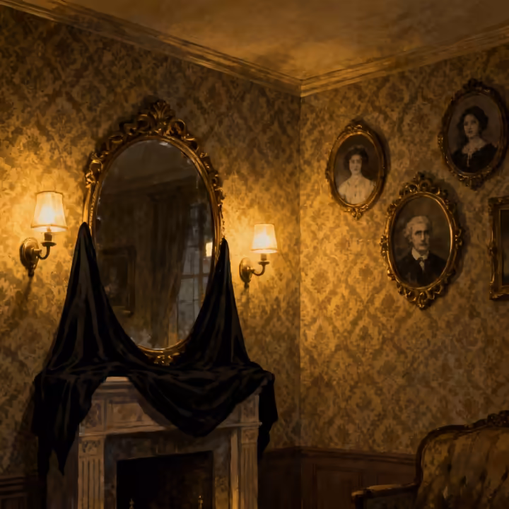 A dimly lit Victorian-era room with framed family portraits on the wall, all turned to face the wall as per superstition.