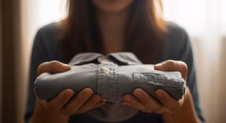 A person in a somber setting, tenderly holding and smelling a folded shirt, representing a cherished memory of a loved one.