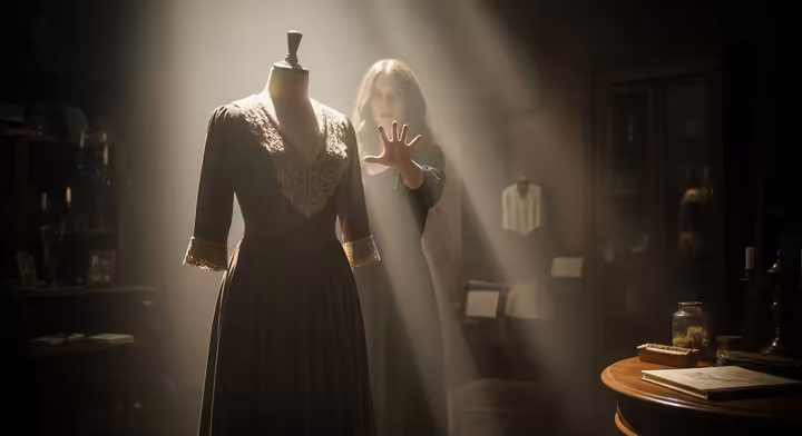 A ghostly apparition hovering over a vintage dress on a mannequin in a dark room.