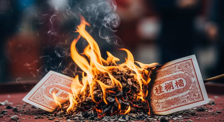 Colorful joss paper, shaped like money and other goods, being burned as a ritual offering.