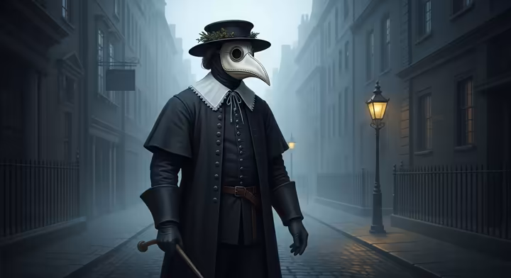A historical illustration of a plague doctor wearing the iconic beaked mask and full-body cloak.
