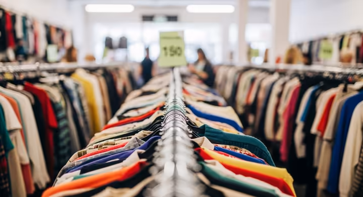 A packed clothing rack in a thrift store, showing a variety of second-hand clothes.