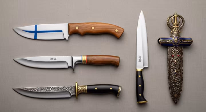 A collection of culturally significant knives, including a Finnish puukko, a Japanese santoku, and a Sikh kirpan, displayed together.