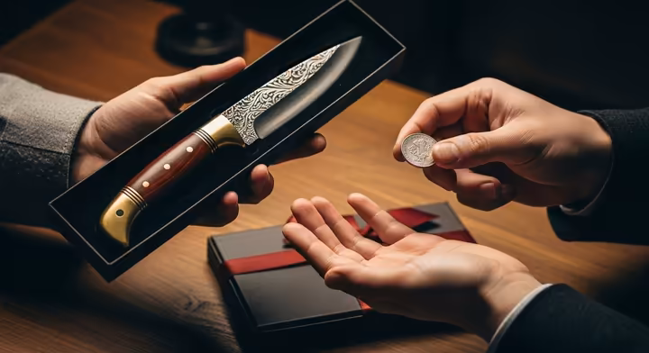 A hand passing a coin to another hand in exchange for a gifted knife, illustrating the traditional ritual to negate bad luck.