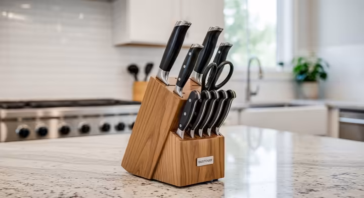 A modern, high-quality kitchen knife set displayed elegantly in a wooden block on a kitchen counter, representing a popular wedding gift.