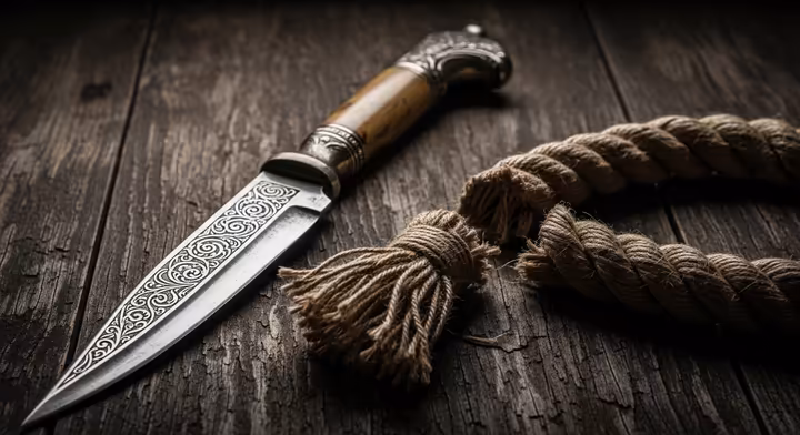 An antique knife on a rustic wooden table, with a fraying rope next to it, symbolizing the superstition of a gifted blade severing bonds.