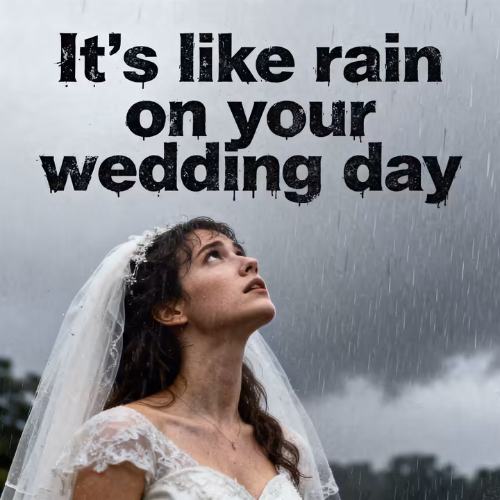 A stylized graphic representing the lyric 'It's like rain on your wedding day' from Alanis Morissette's song 'Ironic.'