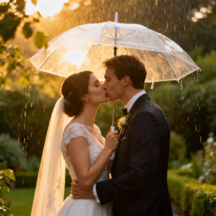 A bride and groom kissing under a clear umbrella during a gentle rain shower on their wedding day.
