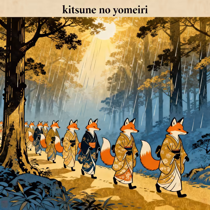 An artistic illustration of Japanese kitsune (fox spirits) in traditional wedding attire, walking in a procession during a sunshower.