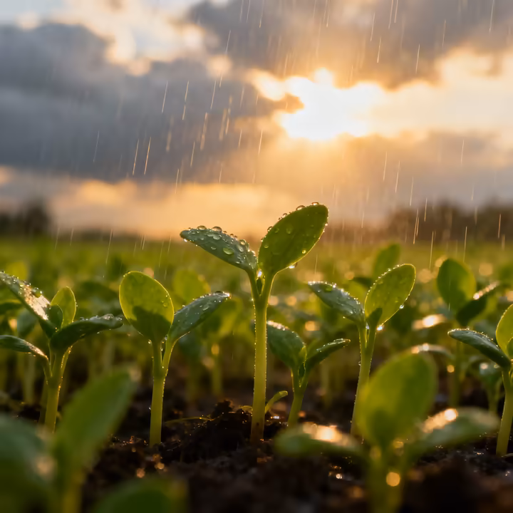 Gentle rain falling on a field of young green crops, symbolizing fertility and a good harvest.